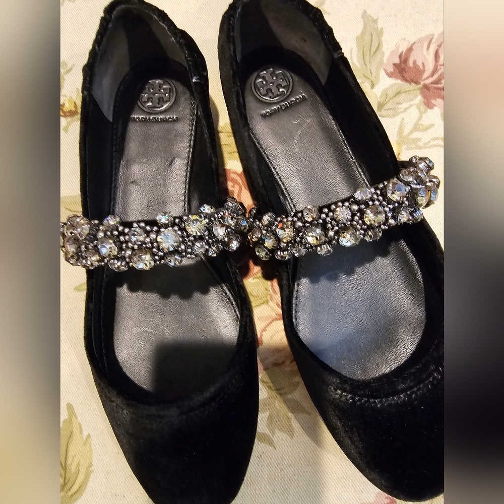 Tory Burch Black Velvet Flats with Crystal Accents